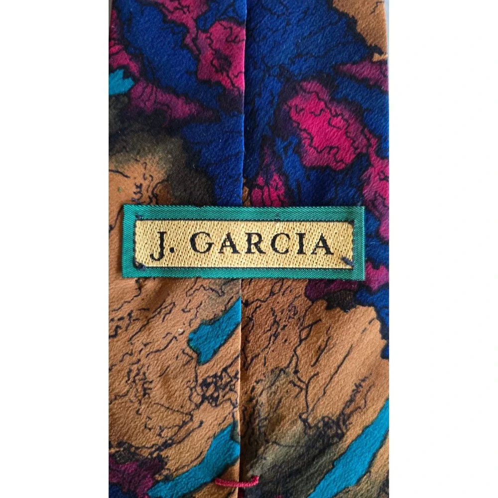 J. Garcia Mens Abstract Art Silk Tie Blue Magenta Gold Made in USA Jerry Garcia